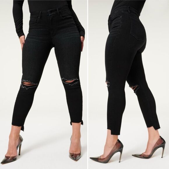 NWT Good American Good Legs Step Hem Distressed Jeans Black141 Size 10 | Fits 16 - Picture 1 of 15